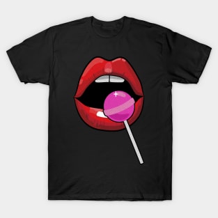 Super Sexy red lips lollipop pink black T-Shirt